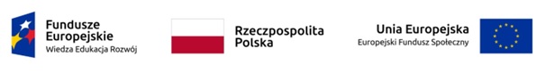 Fundusze Europejskie logo, biało-czerwona flaga Polski, niebieska flaga z gwiazdkami - flaga Unii Europejskiej