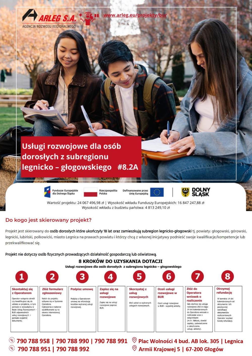 Na plakacie zapisane są informacje dotyczące form wsparcia, przedstawione w artykule. Na plakacie umieszczone jest również zdjęcie trojga młodych ludzi. Dwie dziewczyny i jeden chłopiec siedzą na murku na wolnym powietrzu. Dziewczęta mają długie ciemne włosy, chłopiec an czarne, krótkie włosy. Młodzi ludzie uśmiechają się, na kolanach trzymają jakieś dokumenty, które wypełniają długopisem.